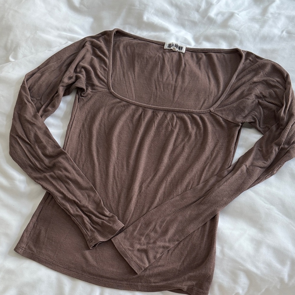 Joah Brown Long Sleeve Square Neck Top - Brown